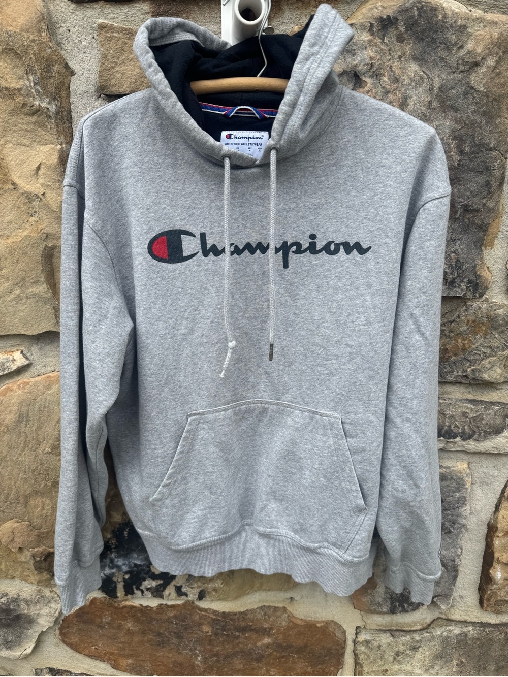 Champion Gray Pullover Hoodie with Black Logo and Red Accent Medium Athletic